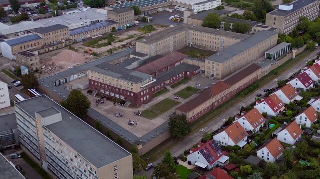 prison political persecution communist dictatorship. Dramatic aerial view drone