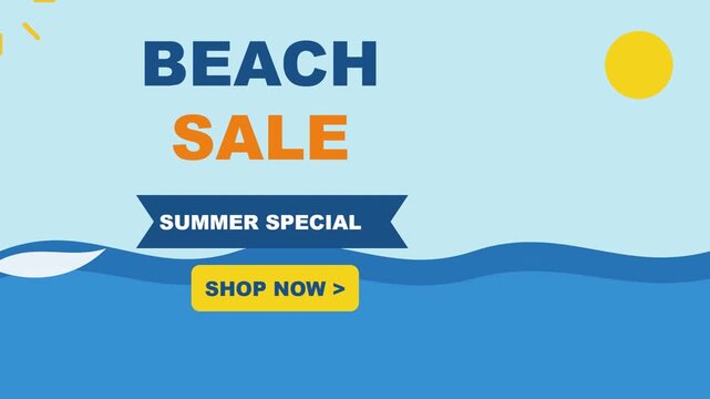 Beach sale summer special promotion banner stock video footage. Animated graphic with blue waves and yellow button for digital marketing