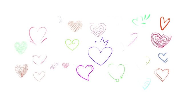 Colorful hand drawn hearts floating in a dynamic animated motion video on a green background