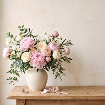 Bouquet of pink and white peonies in a ceramic vase on a rustic wooden table