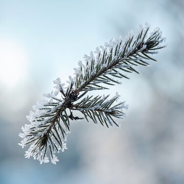 Frost covered pine tree branch in winter with soft blurred background