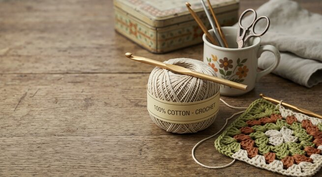 Ball of cotton crochet yarn with wooden hook and granny square motif on rustic table. Retro needlework craft with ceramic mug and scissors