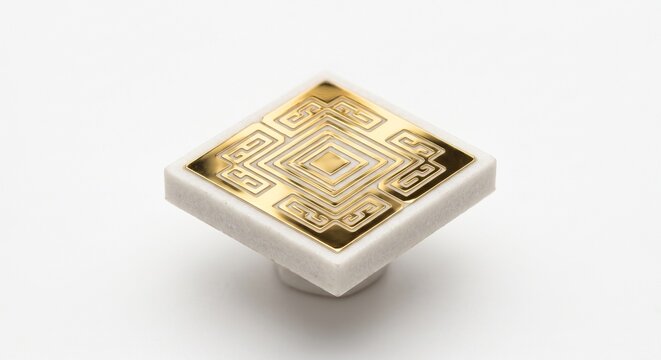 UAV RTK GNSS patch antenna element. High-dielectric ceramic substrate with gold-plated resonant pattern for precision navigation. Macro drone hardware isolated on white background.