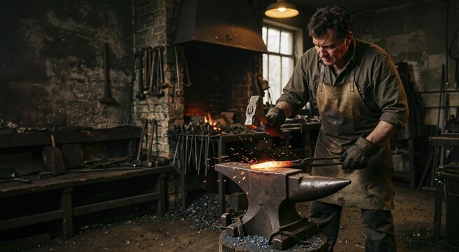 Blacksmith forging glowing red hot metal on steel anvil. Craftsmanship in rustic workshop with hammer and sparks