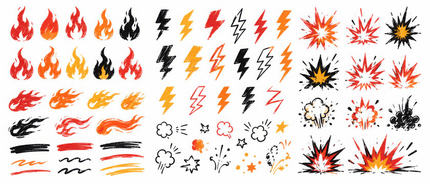 Hand drawn fire flame doodle icon set with brush scribble, chalk grunge texture, lightning bolt, explosion burst, energy blast, power sticker and rock graphic. Vector illustration