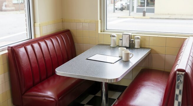 Classic retro diner booth with red vinyl seating and window view. Vintage American restaurant table with coffee mugs and menu