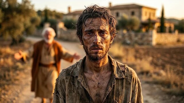 Prodigal Son Returns Home in Emotional Biblical Parable Scene Depicting Repentance Forgiveness Mercy Redemption Family Reconciliation Faith Hope and Divine Love in a Rustic Countryside Setting at Suns