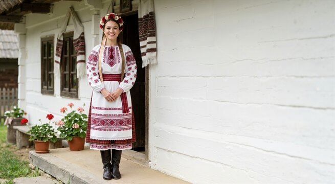 Smiling young woman in traditional folk costume standing outside rural house. Slavic cultural heritage and folklore dress. Copy space