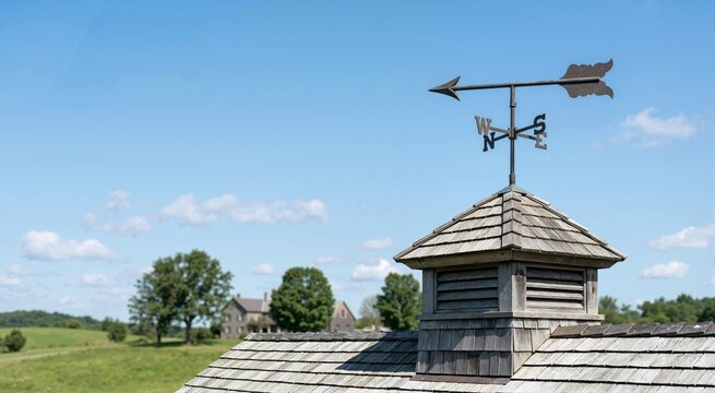 Vintage metal arrow weathervane on wooden cupola roof against blue sky. Rural wind indicator and direction arrow on farm building