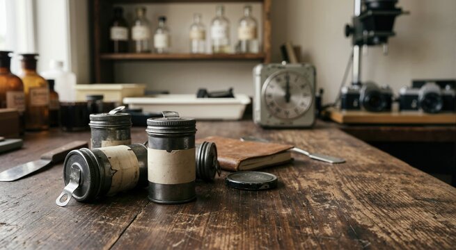 Vintage metal 35mm film canisters on wooden darkroom workbench. Retro photography laboratory equipment with bottles and enlarger