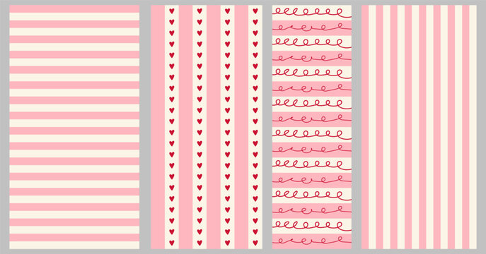 Pink and Cream Stripes Background Patterns Collection with Red Hearts and Hand Drawn Doodle Swirls, Cute Valentine Greeting Card and Wallpaper Vector Layouts   