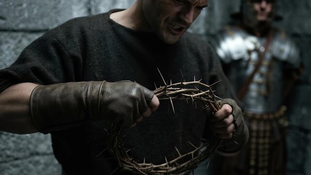 Roman Soldier Holds a Crown of Thorns Before Jesus Christ During Holy Week Symbolizing Mockery Cruelty Persecution Suffering Sacrifice Passion and the Biblical Road to Crucifixion at Calvary