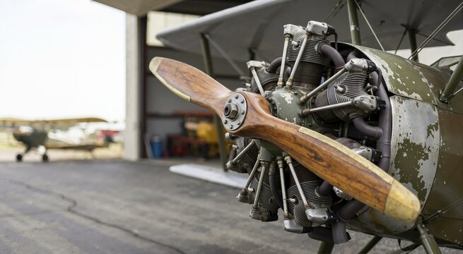 Close up of vintage airplane wooden propeller and radial engine. Old biplane parked outside hangar on airport runway