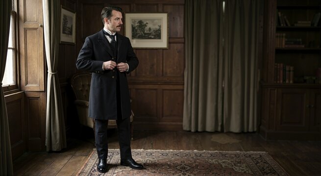 Gentleman buttoning black formal frock coat in classic study room. Victorian retro fashion portrait