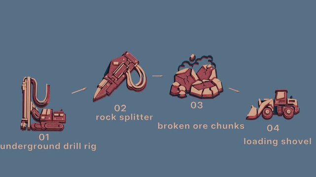 Underground extraction follows a marked route from drilling and rock splitting through ore collection toward shaft haulage. Flat 3D style with smooth matte surfaces; objects numbered and labelled in