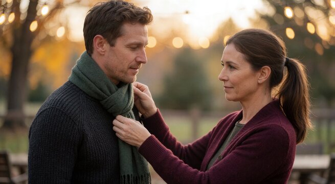 A couple sharing an intimate moment outdoors during golden hour, seemingly preparing Christmas ornaments together.