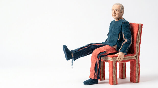 Senior doll sitting on a chair with one leg raised  