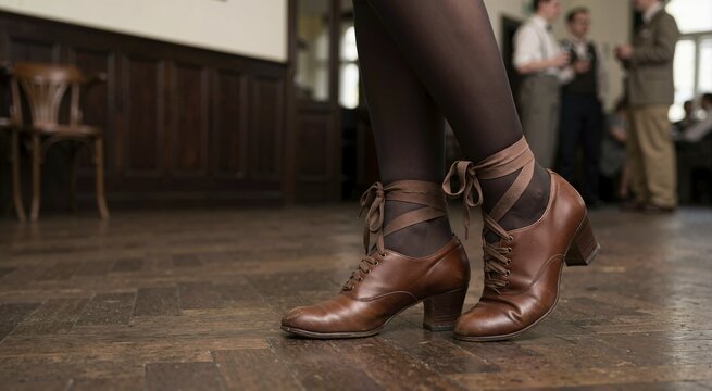 Woman wearing vintage brown leather dancing shoes with ribbon ankle ties. Retro swing dance footwear on wooden parquet floor