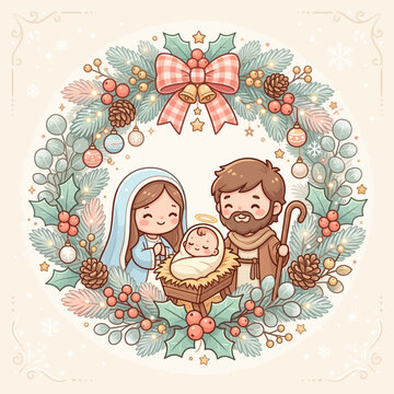 Cute Kawaii Christmas Wreath Vector Illustration with Chibi Holy Family Characters