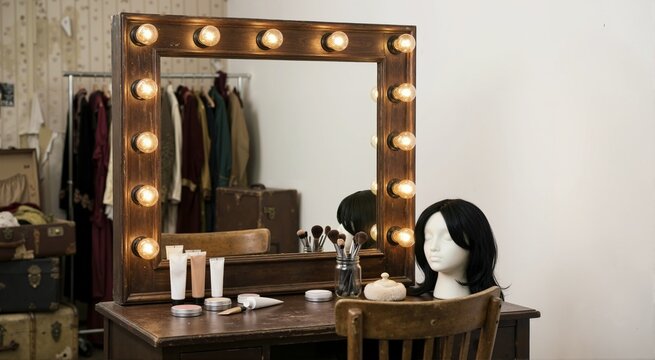 Vintage theater dressing room with illuminated vanity mirror. Retro backstage makeup table with wooden frame and lights