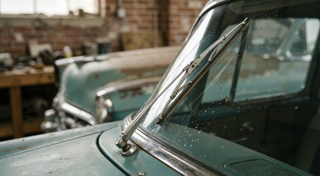 Vintage car windshield wiper blade and chrome arm. Classic automobile windscreen detail in repair garage