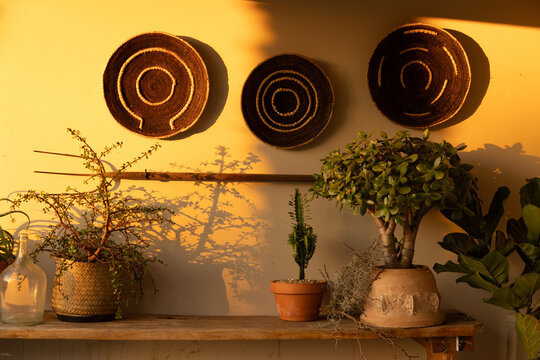 sunset light falling on decorative wall with African baskets and plants