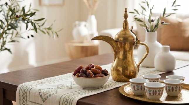 Traditional Arabic Coffee Dallah with Dates and Cups on Wooden Table in Modern Living Room Interior