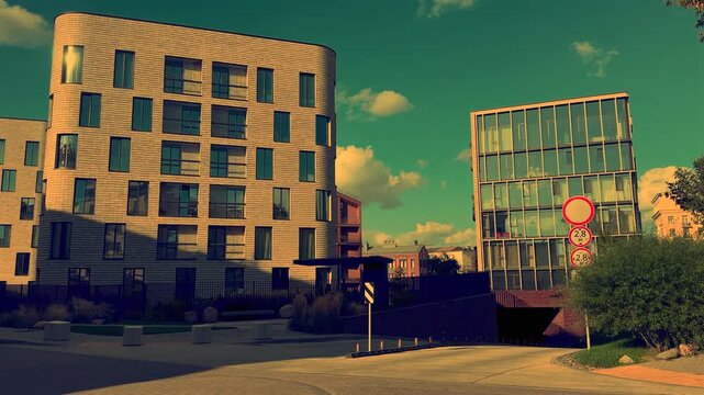 Luxury residential complex. Community courtyard apartment architecture. Penthouse featuring luxurious minimalism in the Danish "quiet luxury" style. Modern curved brick  facade apartment building.