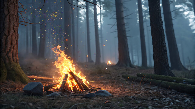 Bright campfire burning in a dense misty forest with glowing embers and pine trees