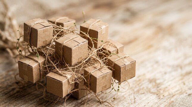 Miniature cardboard shipping boxes tied with twine on a rustic wooden surface