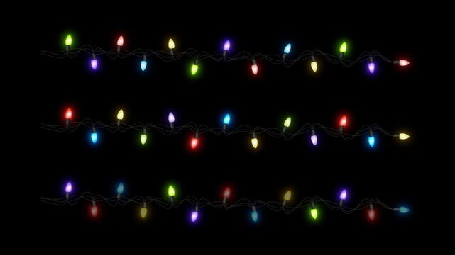 Colorful Christmas String Lights Set Blinking Isolated Alpha Channel Loop Animation for New Year and Holiday and Birthday Videos Overlay Motion design element