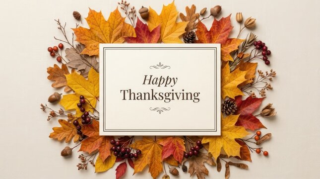 Autumn leaves surround a white card with happy thanksgiving text on a white surface