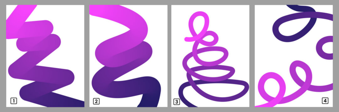 Abstract Dynamic 3D Wave Line Background Templates with Purple and Violet Gradient Swirls, Modern Fluid Ribbon Spiral Poster Vector Collection   