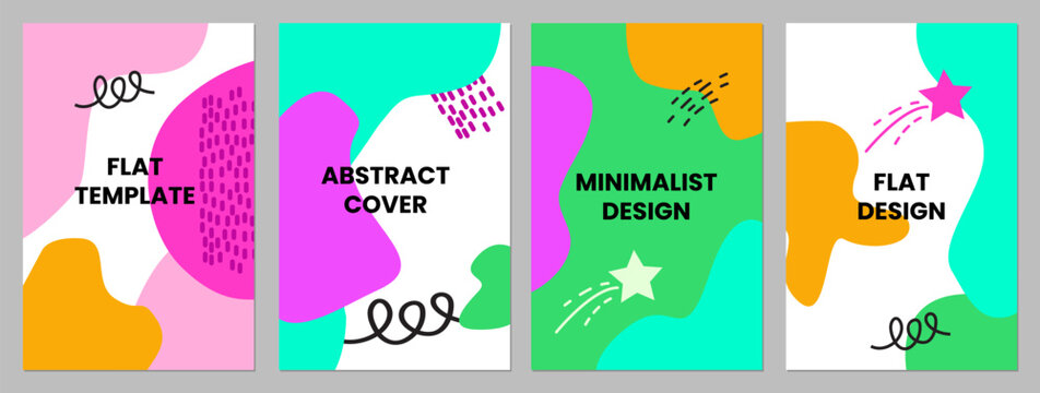 Flat Abstract Minimalist Poster Collection with Organic Blob Shapes, Doodle Lines, Shooting Stars, and Bright Colorful Geometric Cover Vector Templates   