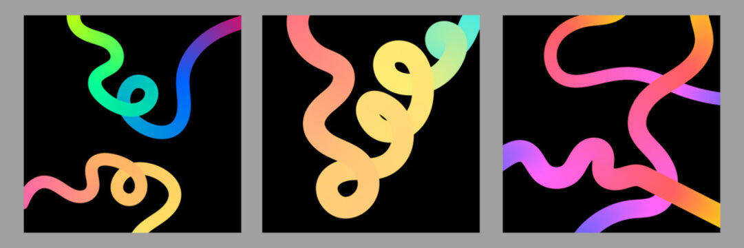 Abstract Neon 3D Wavy Line Background Templates with Vibrant Gradient Swirls and Fluid Tubes on Black Background, Modern Dynamic Cover Vector Collection   