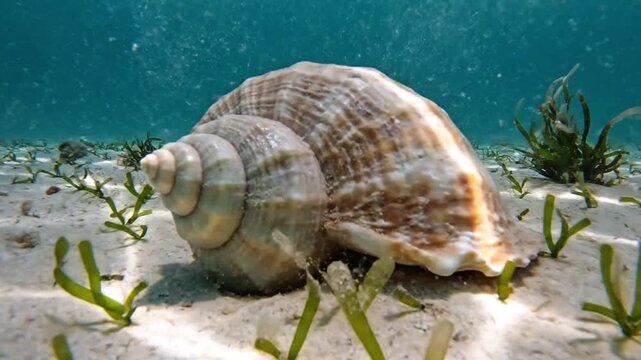 Large conch shell resting on sandy seabed underwater in clear tropical ocean currents captured in high definition motion video clip