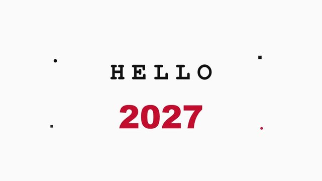 Hello 2027 new year celebration text animation video clip. Minimalist typography with red and black numbers. Dolly camera motion for projects