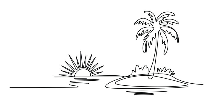 Continuous single line drawing of a tropical island with a palm tree and a rising sun over the calm ocean horizon in a minimalist artistic style