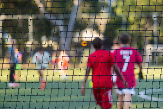 abstracted view of goalie net and goalie in late afternoon light