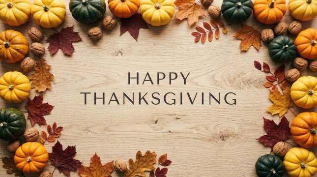 Happy thanksgiving greeting with autumn gourds pumpkins and colorful fall leaves on a light background