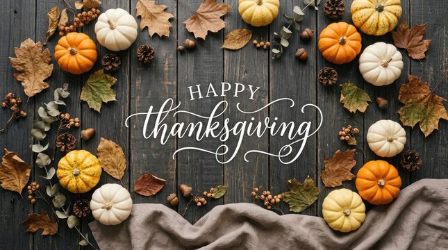 Happy thanksgiving calligraphy surrounded by pumpkins and autumn leaves on a wood surface