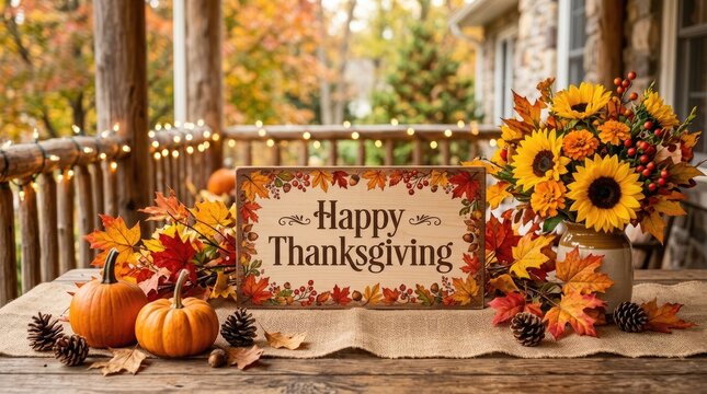 Festive autumn porch decor with pumpkins sunflowers and a happy thanksgiving welcome mat
