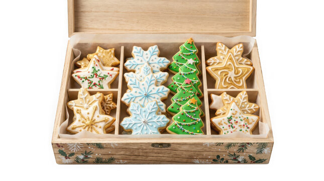 Wooden gift box filled with assorted decorated christmas cookies including snowflakes, stars, and christmas trees isolated on transparent background