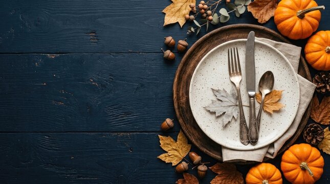 Autumnal table setting with pumpkins and fall foliage on dark wood background