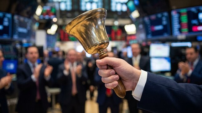 Hand Ringing Bell at Stock Exchange Opening, IPO Celebration Close-Up, Financial Markets Trading Day Start, Wall Street Stock Market Concept