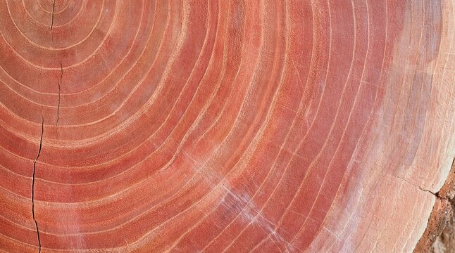 Reddish wood cross section with concentric annual growth rings