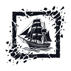 Sailing ship with three masts on water, abstract black and white illustration © MSTNURNAHER