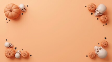 Fototapeta premium Festive happy halloween background featuring decorative pumpkins and skulls arranged in corners on a soft orange surface