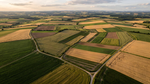 Aerial view of patchwork agricultural farm fields in the countryside at sunset with farm land