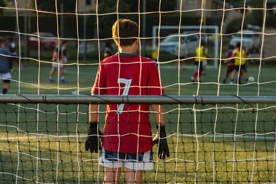 abstracted view of goalie net and goalie in late afternoon light